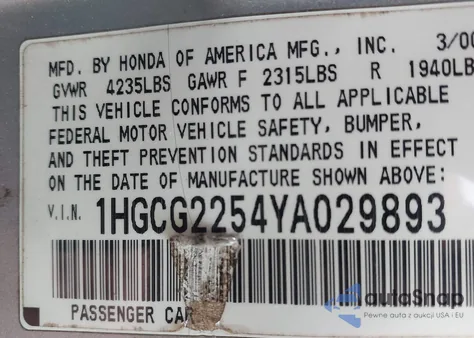 2000 Honda Accord 3.0 Ex из США, поврежденный, VIN 1HGCG2254YA029893